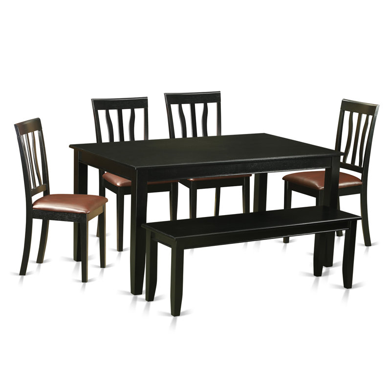 6 Piece Kitchen Table & Chairs Set Contains a Rectangle Dining Table and 4 Faux Leather Dining Room Chairs with a Bench, 36x60 Inch, Black