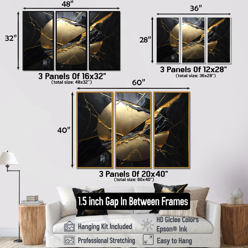 «Abstract Geode Gold III», reproduction de 3 pièces, H 32 po x l 48 po, Brun