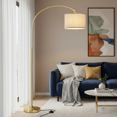 Modern Gold Floor Lamp: Features A Tall, Curved Design, An Adjustable Cylindrical Lampshade, And A Foot Switch. Perfect For Use As A Reading Lamp On A Sofa, And Suitable For Various Settings.