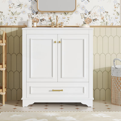 Meuble-lavabo de 30 pouces avec lavabo en céramique, 2 portes à fermeture douce et cadre en bois massif pour un rangement élégant
