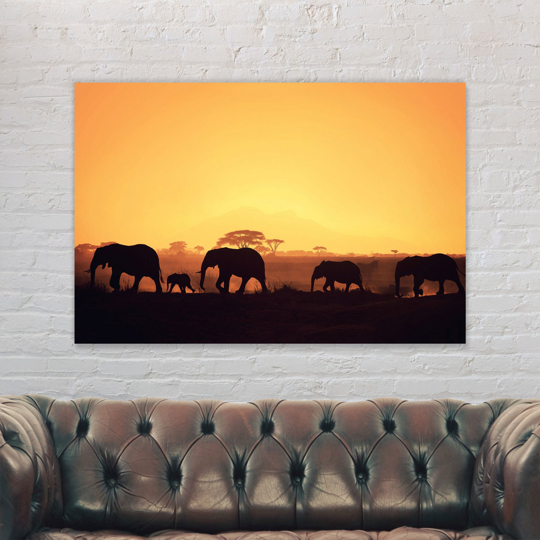 African Elephant Group Safari Sunset - Wrapped Canvas Print