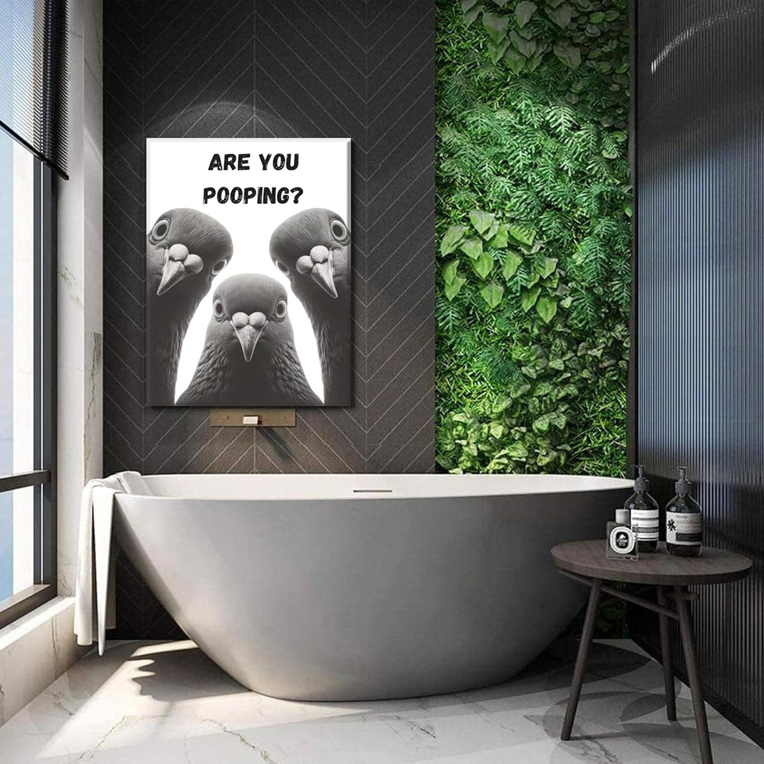 Wrought Studio™ Funny Pigeon Bathroom Canvas Wall Art Black White