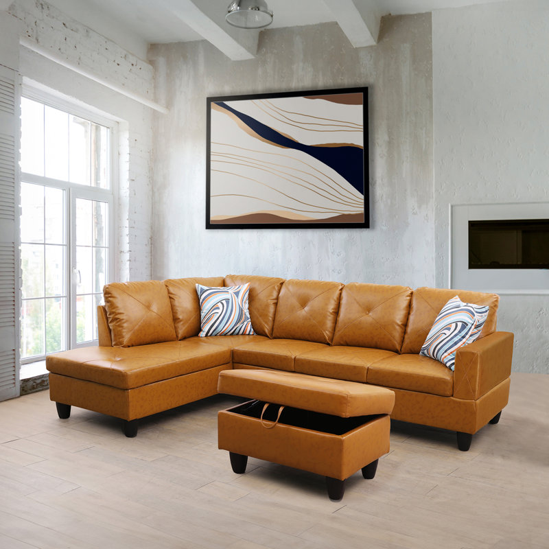 Canapé modulaire en cuir 3 pièces Almatine, Accoudoir à gauche (vu de face), Similicuir orange