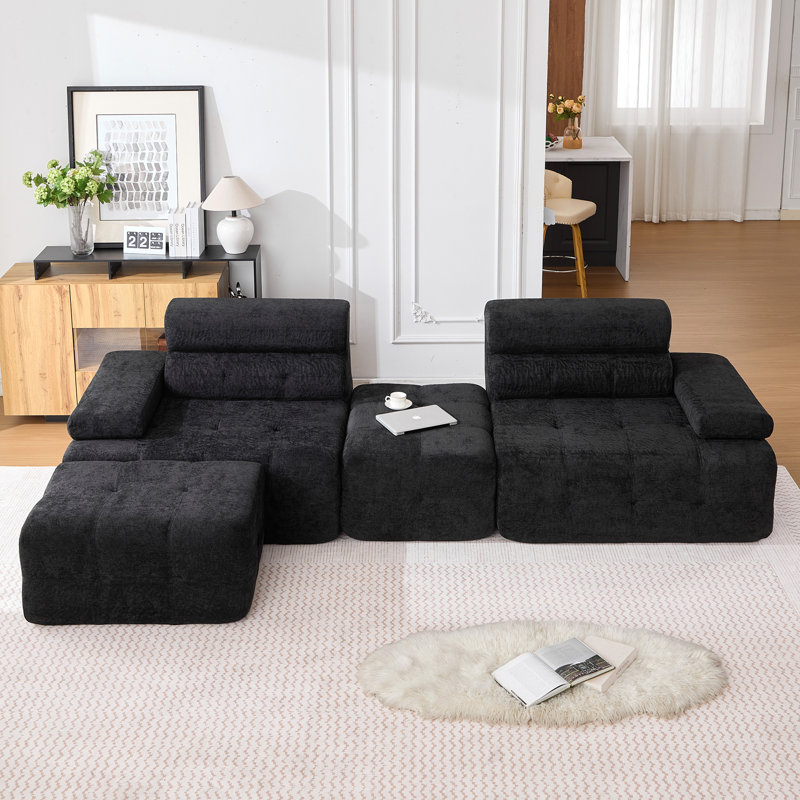 99" W Modular Compression Sofa With Ottoman & Higher Backrest, Black