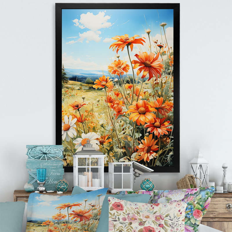 «Meadow Daisy Delight», reproduction d'art sur toile florale, Cadre photo noir, H 20 po x l 12 po x P 1 po