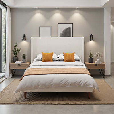 Base de lit moderne avec tête de lit haute, revêtement en lin beige, support à 12 lattes, aucun sommier requis, assemblage facile