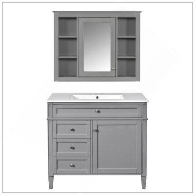Élégant meuble-lavabo de 36 po avec armoire à pharmacie, meuble de rangement moderne avec 2 portes à fermeture douce et 4 tiroirs, meuble-lavabo simple