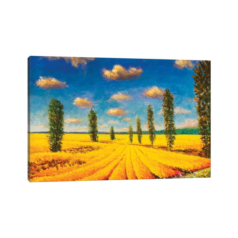 Farm Field Against Background of Tall Cypress Trees 1 Piece Painting on Canvas, 30.48cm H x 45.72cm W x 1.91cm D