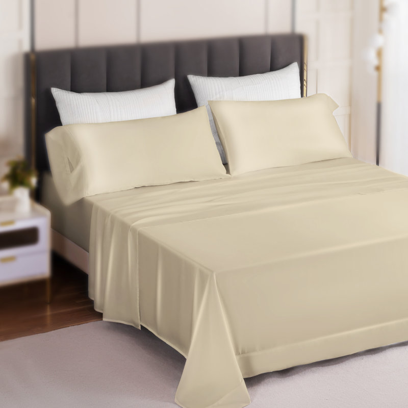 Ensemble de draps soyeux TENCEL, Drap-housse très grand avec 2 taies d'oreiller, Champagne