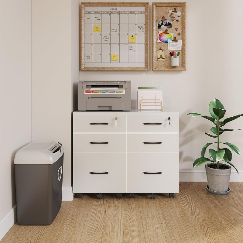 White 3-Drawer Wood File Cabinet - Lockable Rolling Filing Cabinet (Under Desk, Mobile Printer Stand, Fits Letter/A4 For Home Office)