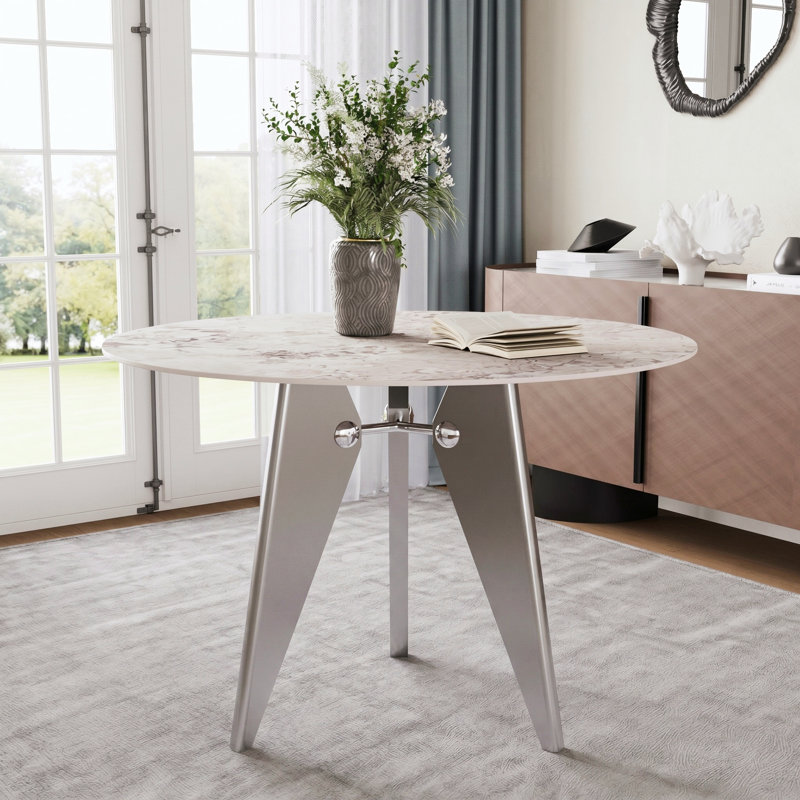 Metal Base Dining Table, 29.5"H X 43.3"W X 43.3"W, Matte Cream