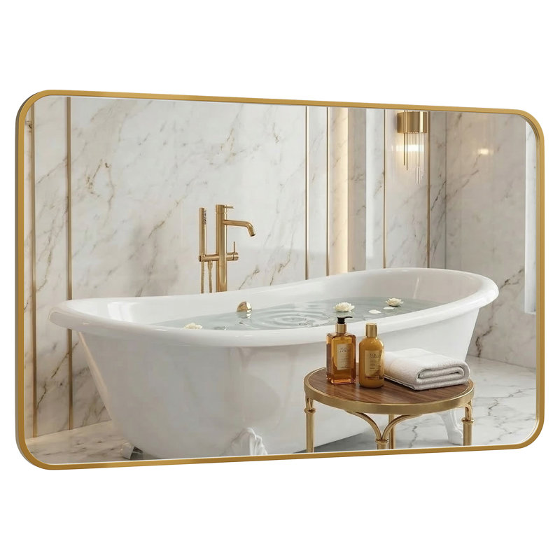 Miroir de salle de bain mural en métal, Or champagne, Coin arrondi, 30 po x 48 po 