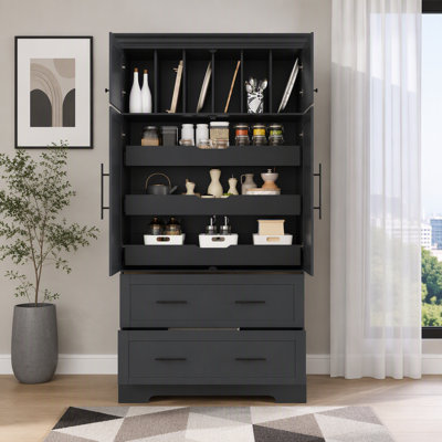 Farmhouse Freestanding Kitchen Pantry Cabinet With Pull-Out Trays And Drawers, Tall Dining Storage Cupboard With Vertical Bakeware Organizer