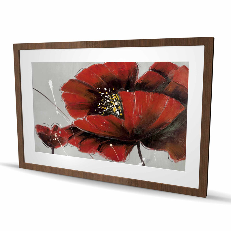 «Red Poppy Flowers Print», décor encadré botanique gris