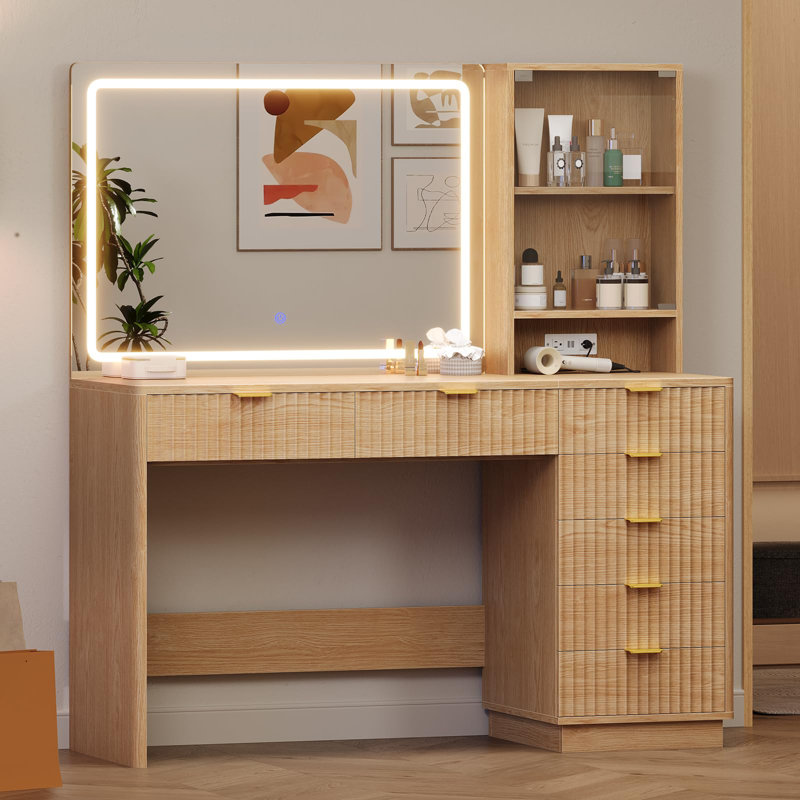 Fluted Makeup Vanity Desk With Large Mirror And Lights, Makeup Vanity With 7 Drawers & Glass Cabinet, Vanity Table With Charging Station,Storage Shelves, 47.4" Modern Dressing Table For Bedroom