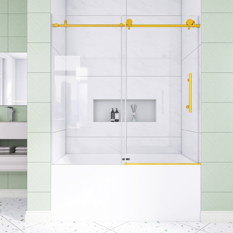 56-60 In. W × 60 In. H Frameless Shower  With 1/4" Tempered Glass In Brushed Gold |  Explosion Proof Film |   Stainless Steel Handle