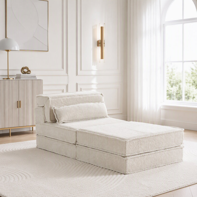 Canapé compressible en acajou, canapé simple avec repose-pieds, sans assemblage, blanc, 59.4 lbs, White Fabric
