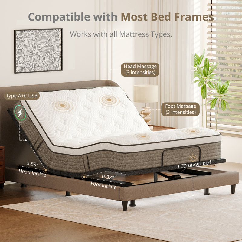 Lit réglable avec double matelas hybride en mousse de 12 po - zéro gravité, massage et télécommande sans fil, éclairage sous le lit