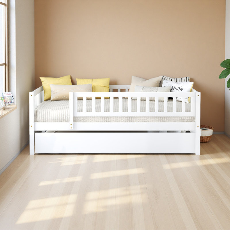 Lit de jour double en bois avec couchette et garde-corps, Blanc