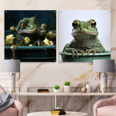«Bathroom Geckos Green Soak», ensemble de 2 peintures murales en acrylique pour salle de bain