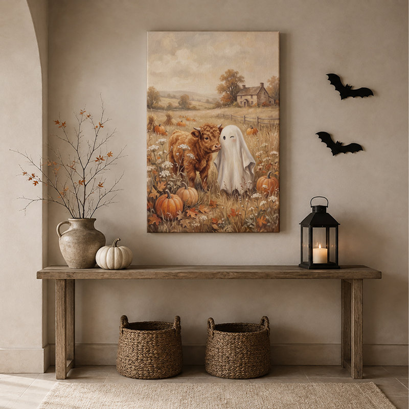 Toile d'Halloween Highland Cow and White Ghost in Pumpkin Patch, H 30 po x l 20 po