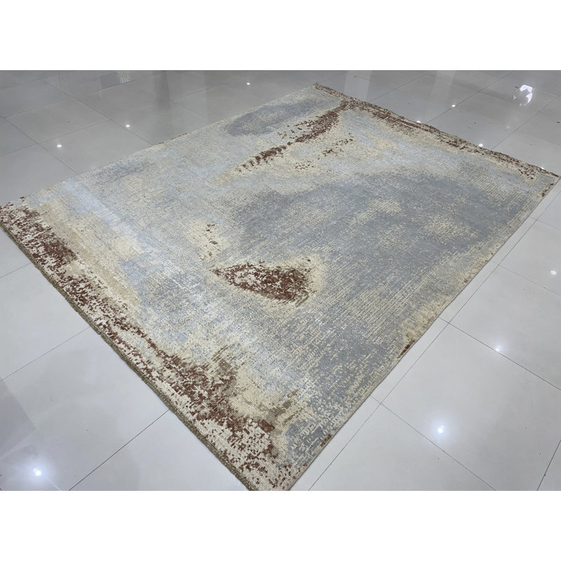 Tapis contemporain gris en laine noué à la main 6 x 9