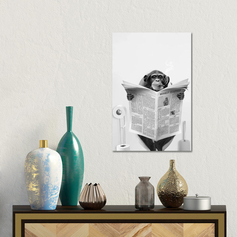 Singe sur la toilette lisant le journal - reproduction d'art murale encadrée, H 18 po x l 12 po, Toile tendue