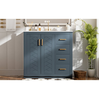 Meuble-lavabo de 36 po, lavabo en céramique, structure en bois massif, portes à fermeture en douceur, grand espace, design rétro, poignées exquises, motif à rainure, meuble-lavabo dissimulé de 36 po avec charnières, 3 tiroirs,