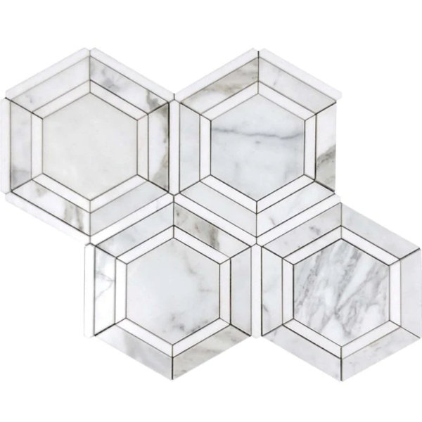 Serena 11x13 White Gray Calacatta Gold, Thassos Mosaic Hexagon Wall and Floor Tile (5.4 sq ft/case) - 5 Pack