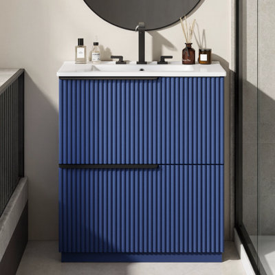 Blue Fluted Bathroom Vanity with Ceramic Sink & Soft-Close Drawers | 30" Freestanding Storage Cabinet