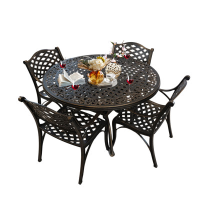 5 Piece Modern Outdoor Dining Set for 4, Bronze Aluminum Patio Table and Chairs, 48" Round Table with Umbrella Hole, Brown