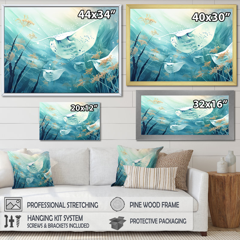 Monochome Manta Rays Dance, reproduction d'art sur toile, H 34 po x l 44 po x P 1,5 po, Cadre simple noir