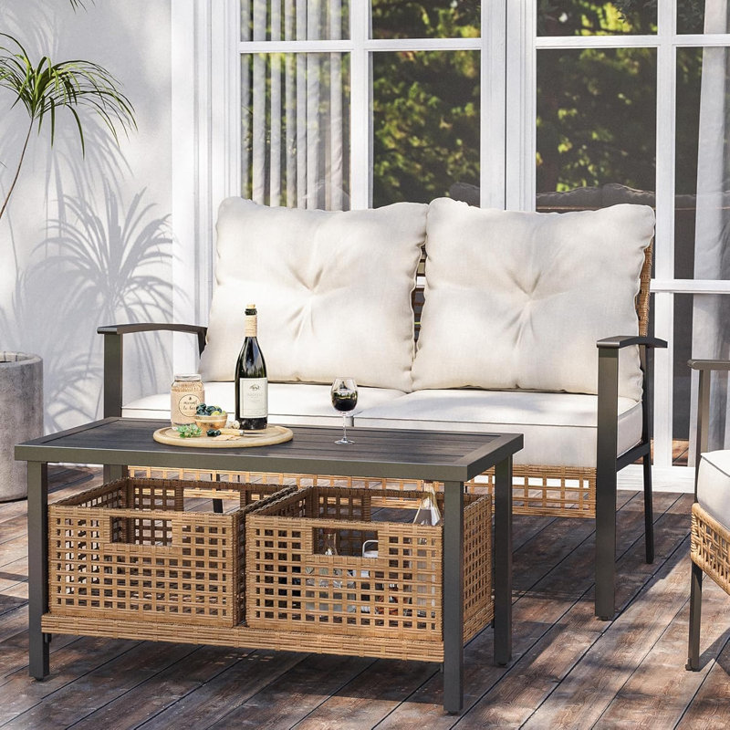 2 - Person Patio Loveseat With Coffee Table And Beige Cushions