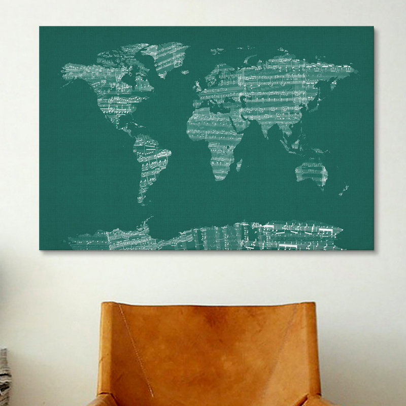 « world map sheet music » par michael tompsett, impression sur toile vert, H 26 po x l 40 po x P 0,75 po