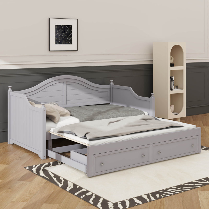 Canapé-lit simple en bois avec lit gigogne escamotable et tiroirs de rangement pratiques, Gris