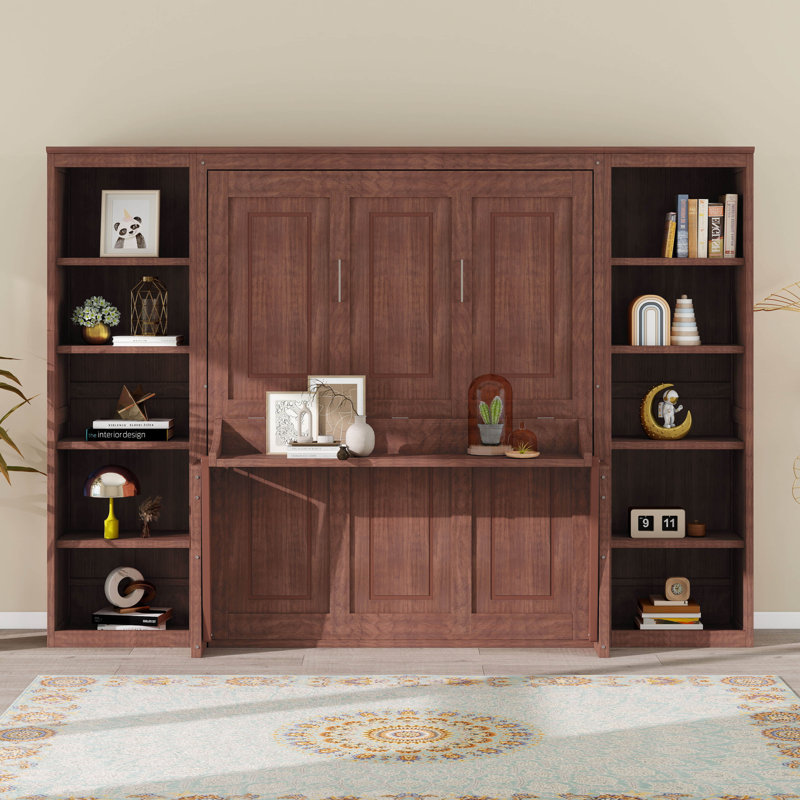 Lit escamotable double avec bibliothèque, armoire de lit pliable 2-en-1 avec bureau, lit mural en bois pliable