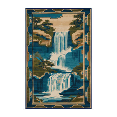 Machine Washable Art Deco Blue Area Rug