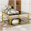 Table basse carrée en verre de 33,5 po, structure géométrique luxueuse en métal, finition dorée et tablette inférieure-104720400-150844951