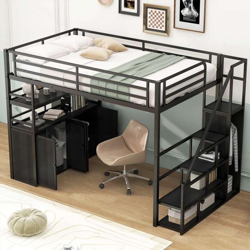 Full Size Metal Loft Bed with Storage (No Box Spring Needed, Strong Support), Black