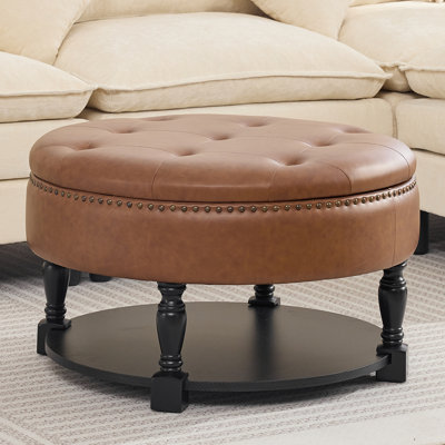 Upholstered Button Tufted Round Storage Ottoman With Open Solid Wood Shelf