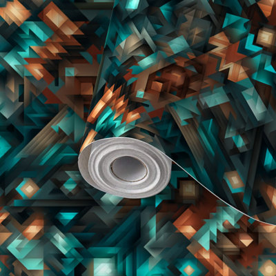 Peel and Stick Wallpaper Contact Paper 4K Aztec Geometric Terracotta Teal Design Self Adhesive and Removable 17.7in x 118in(45x300cm)
