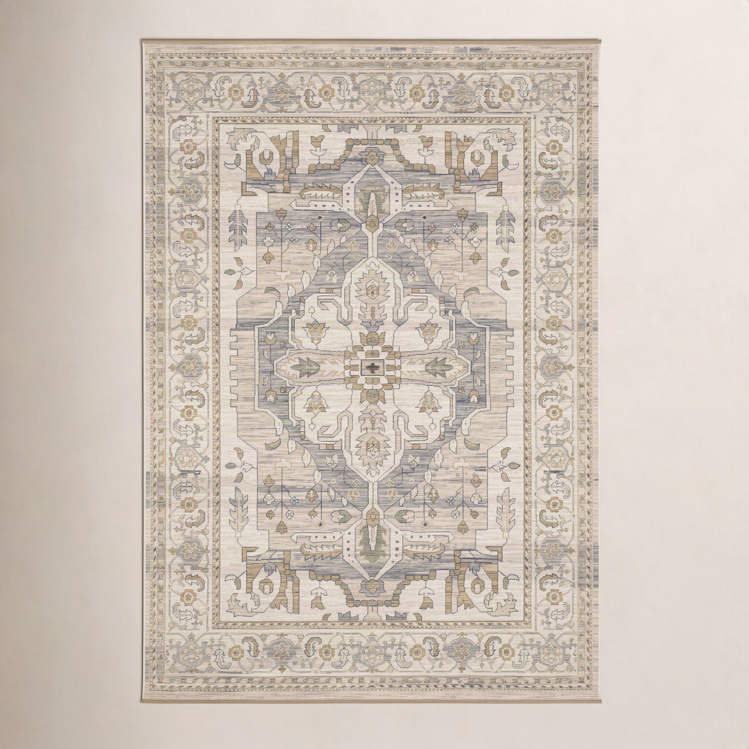 Abena Beige Gray Medallion Oriental Wool Rug, Rectangle 7'10" x 10'10"
