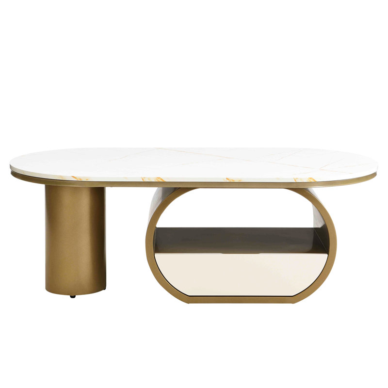 Table basse ovale moderne et luxueuse de 117,4 cm (46,22 po), plateau en imitation marbre, centre de table en métal doré pour le salon, gain de place, construction stable, montage facile.