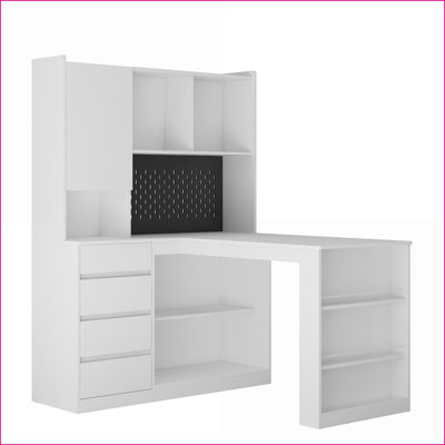 Bureaux, bureau d'ordinateur moderne en L avec station de charge, tiroirs et amp; Lumière DEL | Blanc | Panneau de fibres à densité moyenne