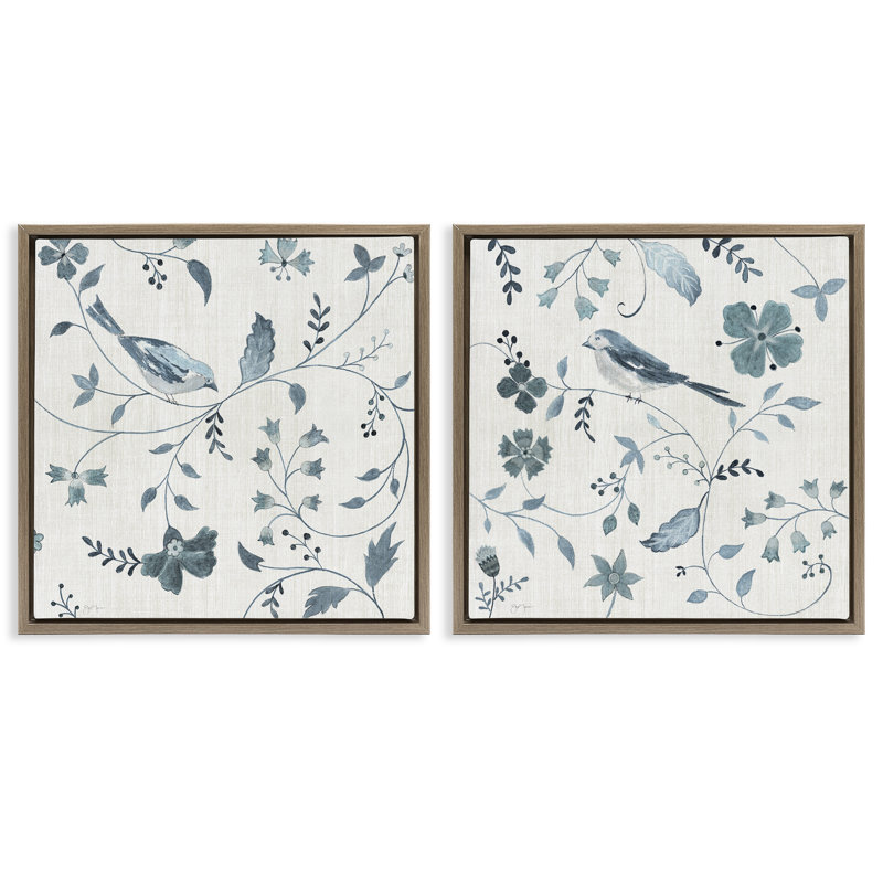 Oiseaux naturels et branches, ensemble de 2 toiles flottantes encadrées grises, design par Janet Tava, H 18 po x l 18 po