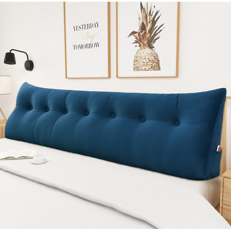 Sit-up Back Comfort Velvet Headboard Wedge Reading Pillow Triangular Backrest Back Support, Dark Blue, 20" H x 76" W