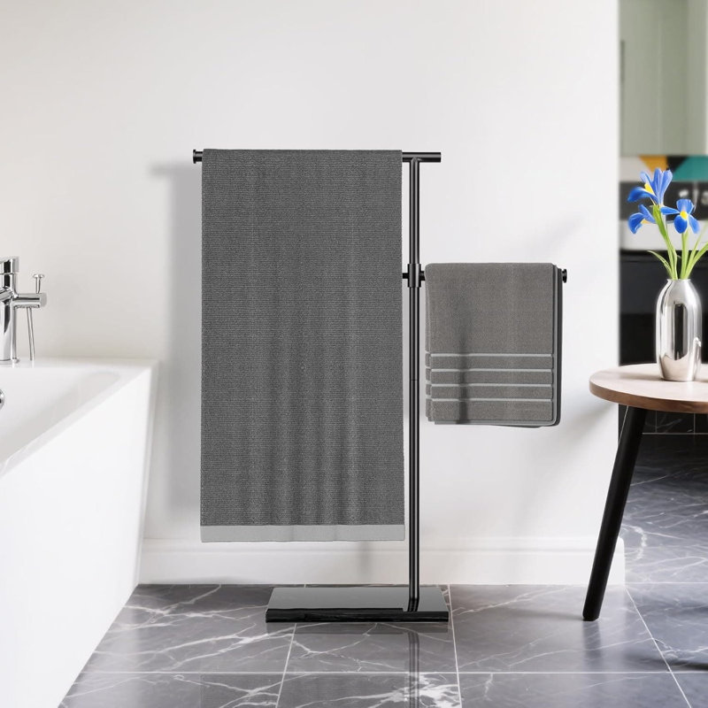 Porte-serviettes autoportant de 40 pouces avec base en marbre lestée, barres pivotantes à 360 ° réglables en hauteur, porte-serviettes de sol à 2 niveaux en acier inoxydable 304 antirouille