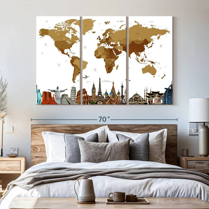 " Bronze Modern World Map " 3 - Pieces, 42" H x 65" W x 1.25" D