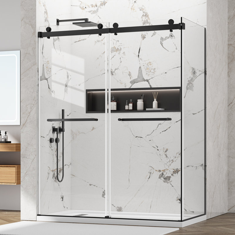 Porte de douche coulissante double sans cadre de 56 à 60 po x P 32 po x H 76 po, porte de douche d'angle en verre trempé 5/16 po, cabine de douche avec revêtement nano, quincaillerie en acier inoxydable 304, noir mat