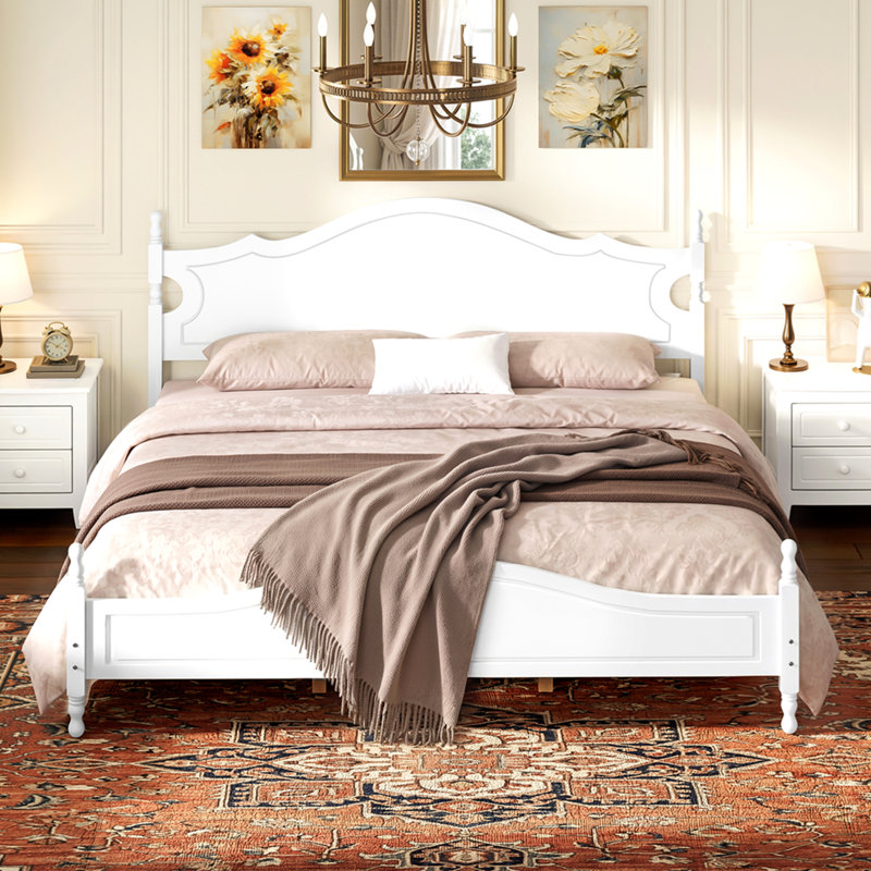 Structure de très grand lit avec tête de lit, lit plateforme en bois de style rétro avec support en lattes de bois, structure de lit très grand sans sommier, assemblage facile, blanc